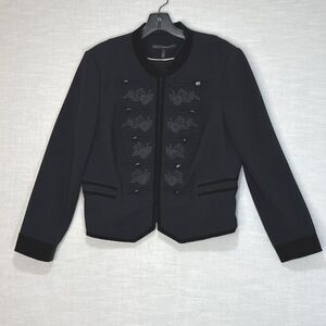 White House Black Market WHBM Womens 14 Black Embroidered Military Blazer Jacket